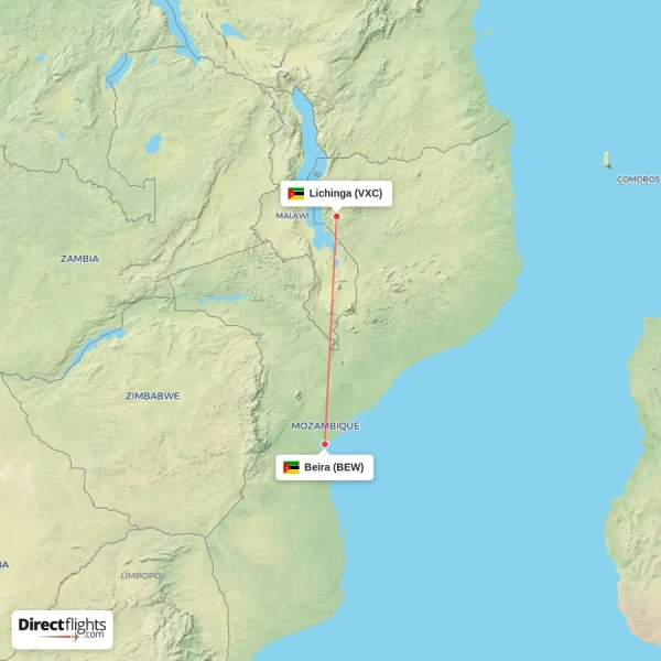 Beira - Lichinga direct flight map