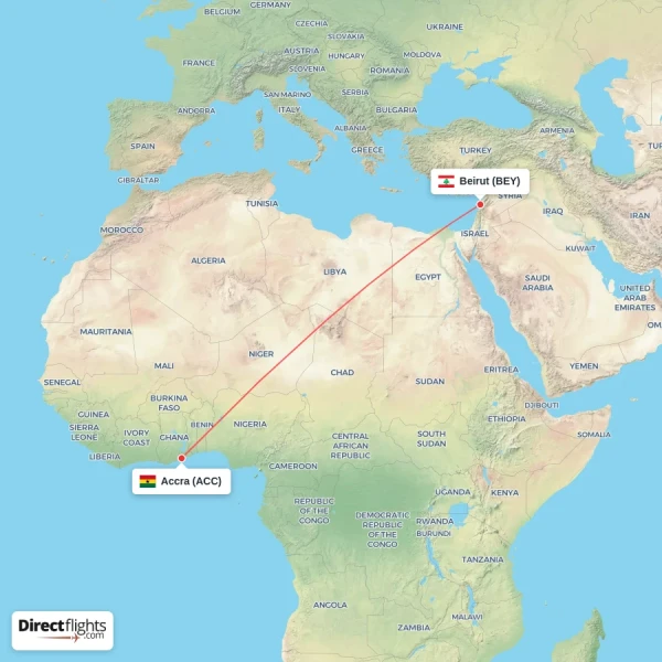 Beirut - Accra direct flight map