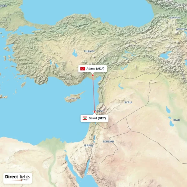 Beirut - Adana direct flight map