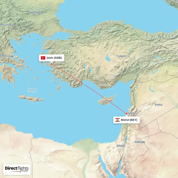 Beirut - Izmir direct flight map