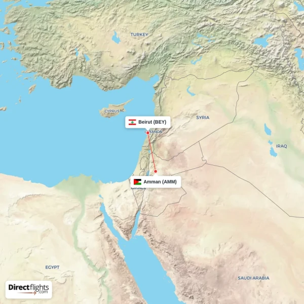 Beirut - Amman direct flight map