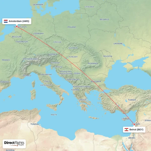 Beirut - Amsterdam direct flight map