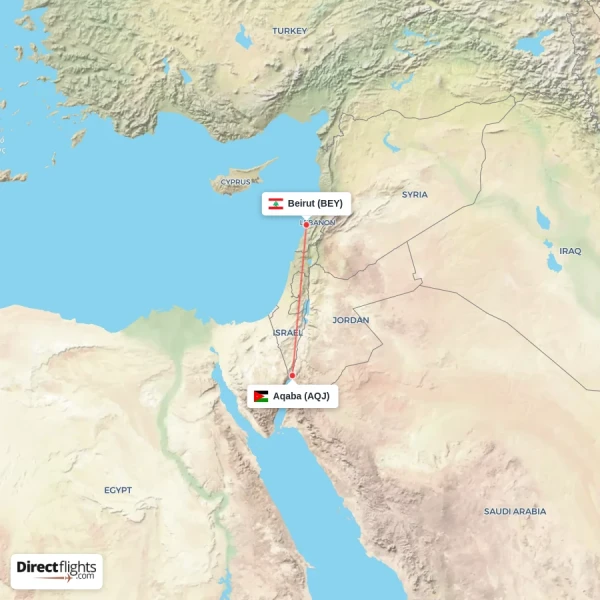 Beirut - Aqaba direct flight map