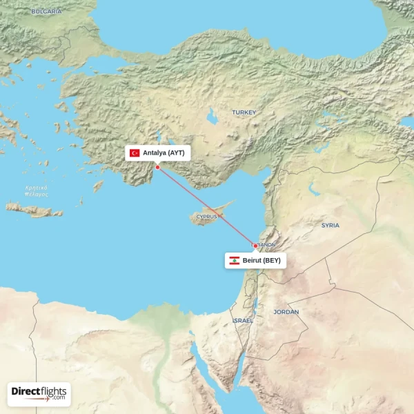 Beirut - Antalya direct flight map