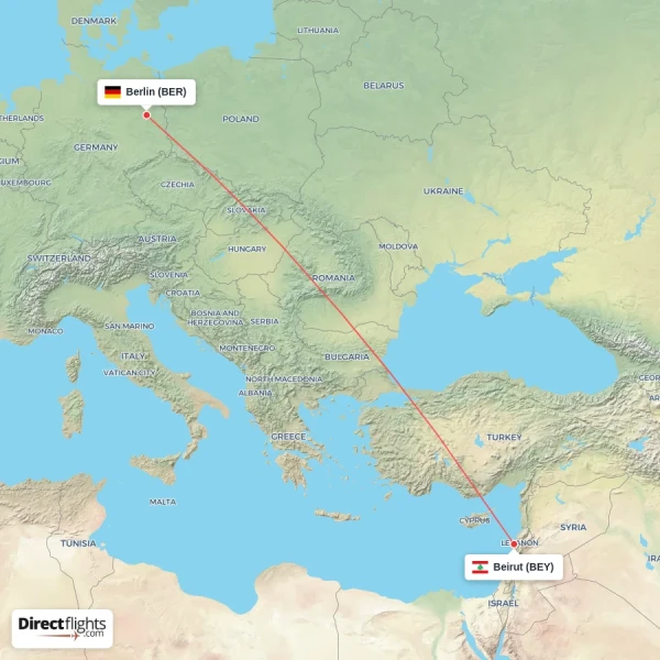 Beirut - Berlin direct flight map