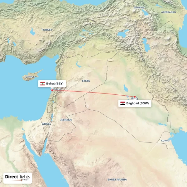 Beirut - Baghdad direct flight map