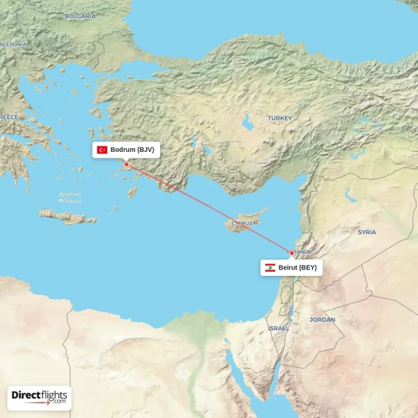 Beirut - Bodrum direct flight map