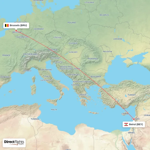 Beirut - Brussels direct flight map