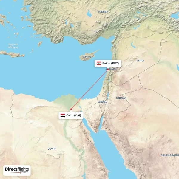 Beirut - Cairo direct flight map