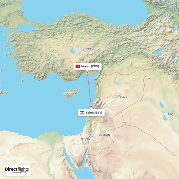 Beirut - Mersin direct flight map