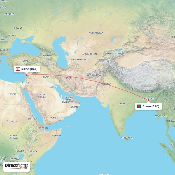 Beirut - Dhaka direct flight map