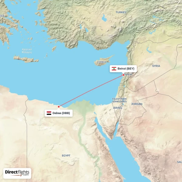 Beirut - Dabaa direct flight map