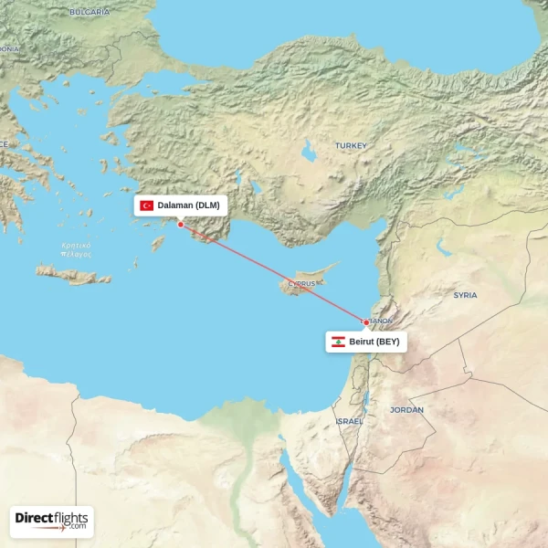 Beirut - Dalaman direct flight map