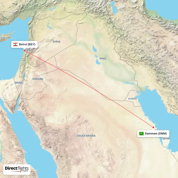 Beirut - Dammam direct flight map