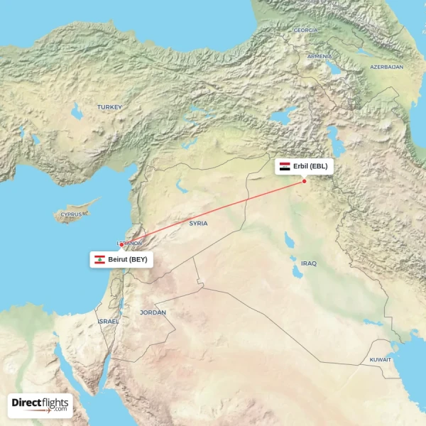 Beirut - Erbil direct flight map