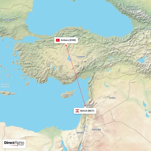 Beirut - Ankara direct flight map