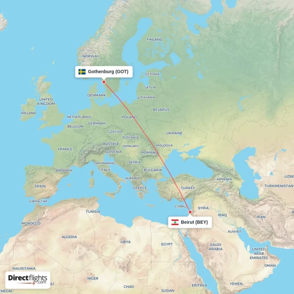 Beirut - Gothenburg direct flight map