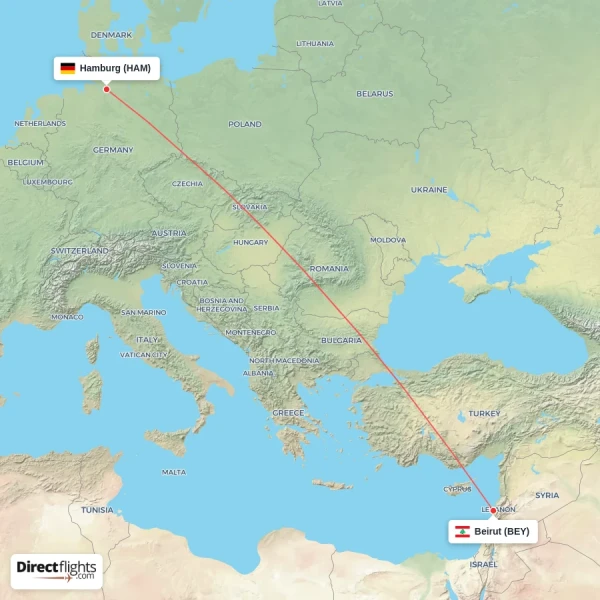 Beirut - Hamburg direct flight map