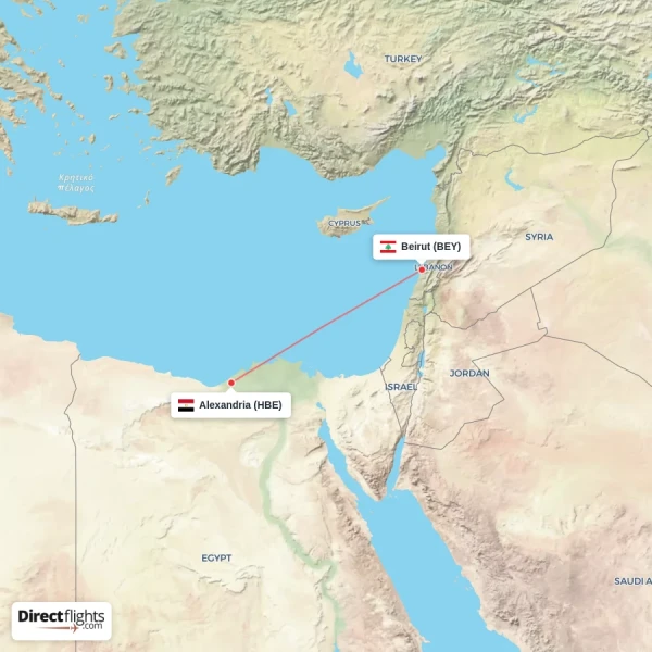 Beirut - Alexandria direct flight map