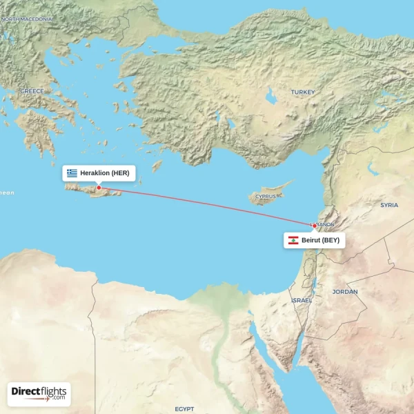 Beirut - Heraklion direct flight map