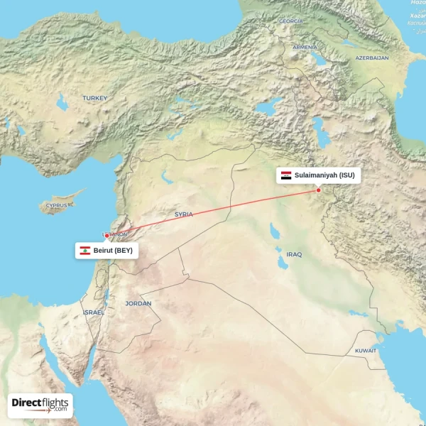 Beirut - Sulaimaniyah direct flight map