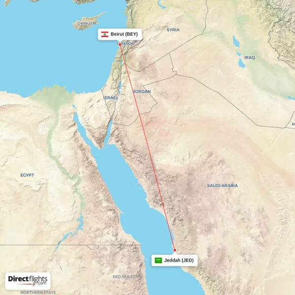 Beirut - Jeddah direct flight map