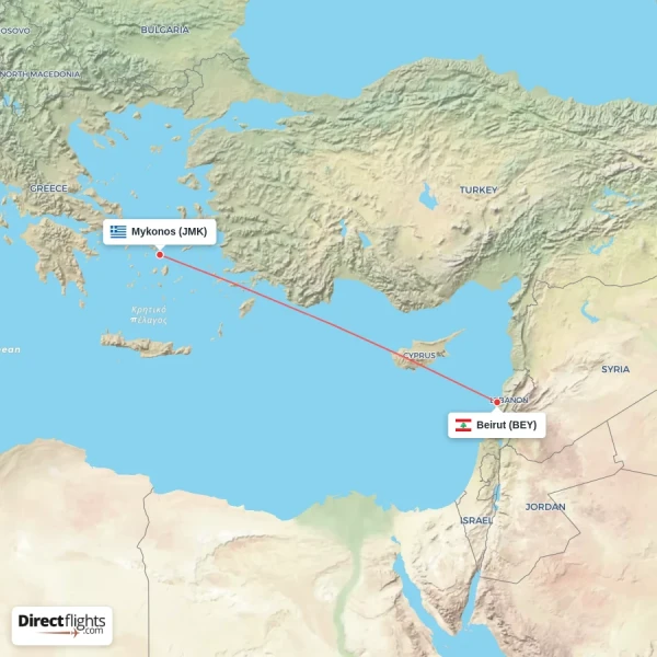 Beirut - Mykonos direct flight map