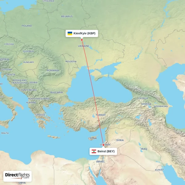 Beirut - Kiev/Kyiv direct flight map