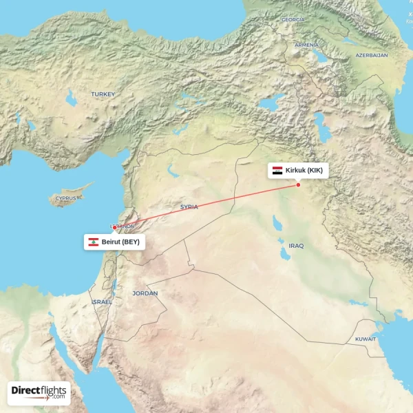 Beirut - Kirkuk direct flight map