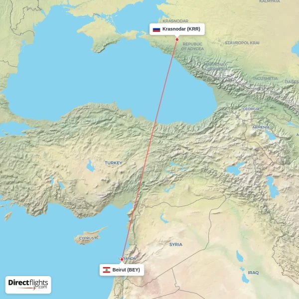 Beirut - Krasnodar direct flight map