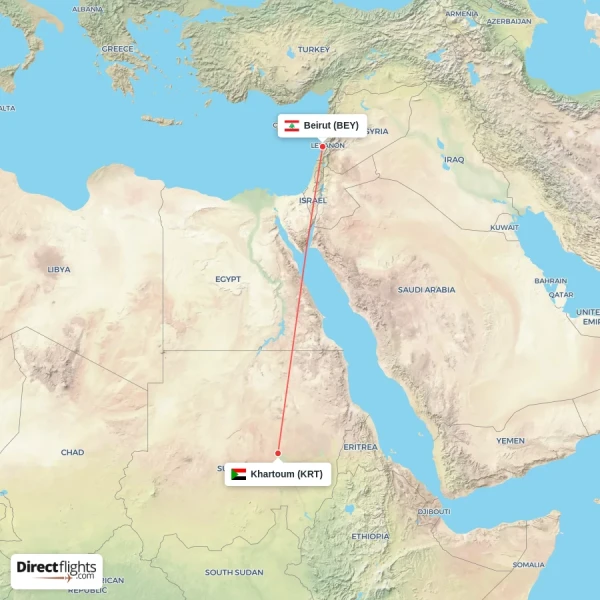 Beirut - Khartoum direct flight map
