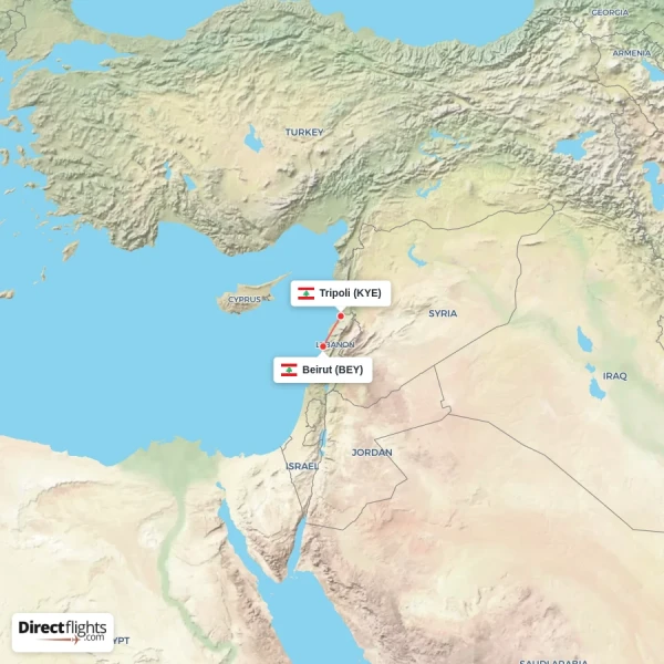 Beirut - Tripoli direct flight map