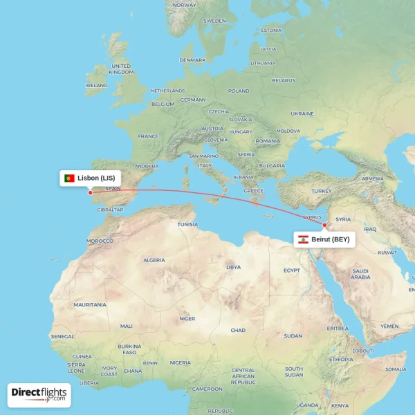 Beirut - Lisbon direct flight map
