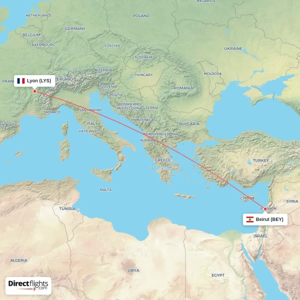 Beirut - Lyon direct flight map