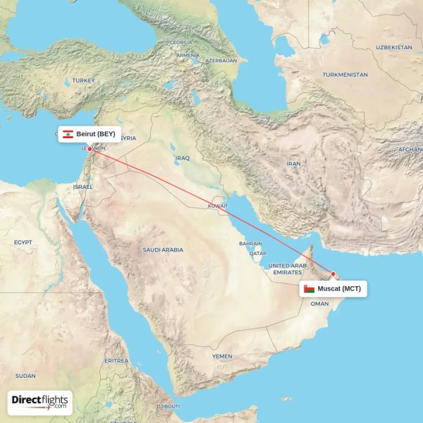 Beirut - Muscat direct flight map