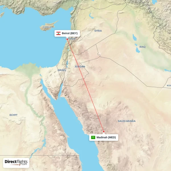 Beirut - Madinah direct flight map