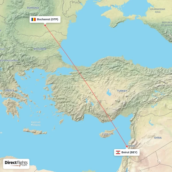 Beirut - Bucharest direct flight map