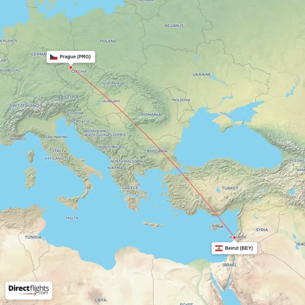 Beirut - Prague direct flight map