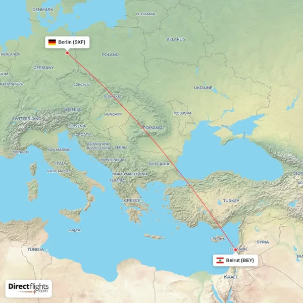 Beirut - Berlin direct flight map