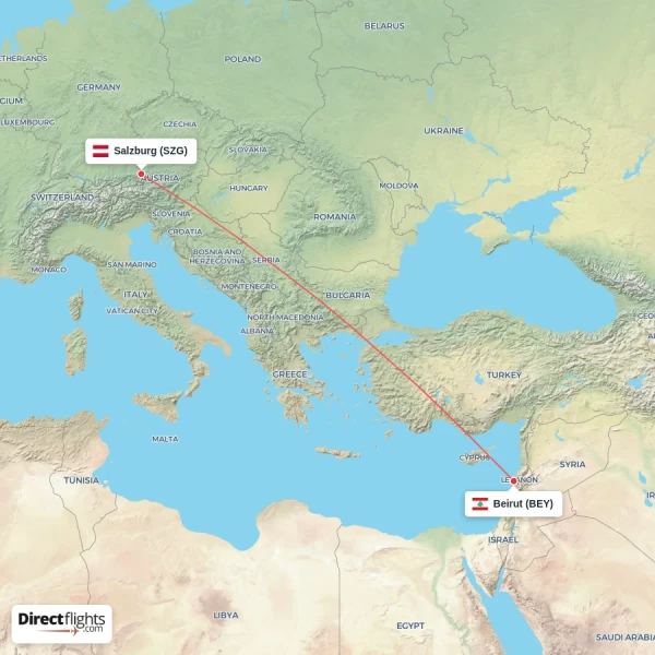 Beirut - Salzburg direct flight map