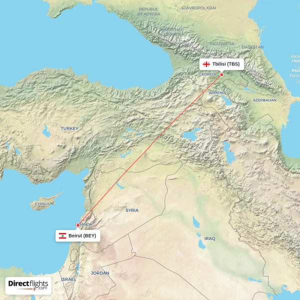 Beirut - Tbilisi direct flight map
