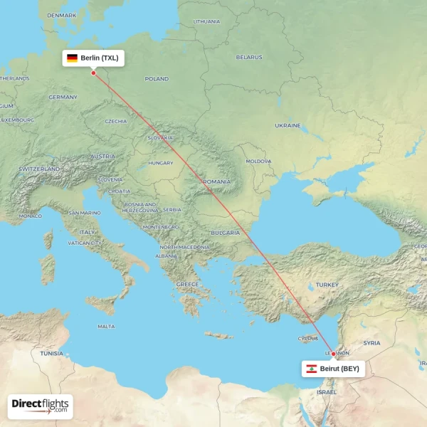 Beirut - Berlin direct flight map