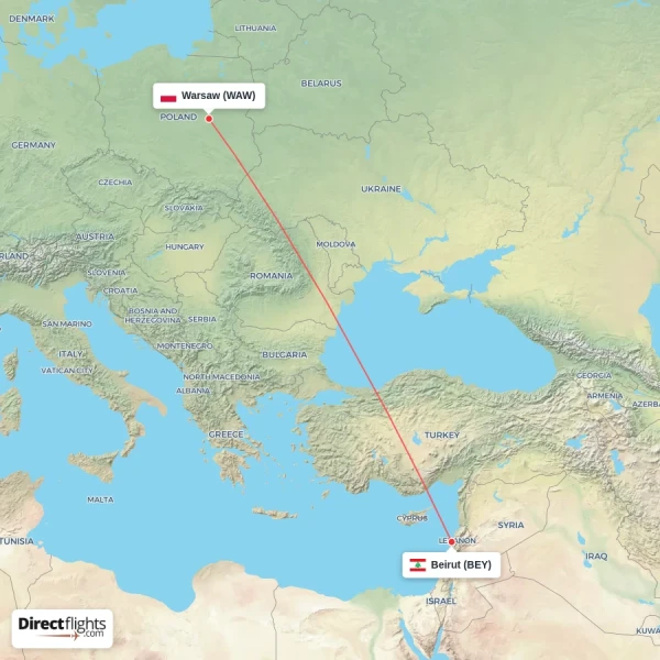 Beirut - Warsaw direct flight map