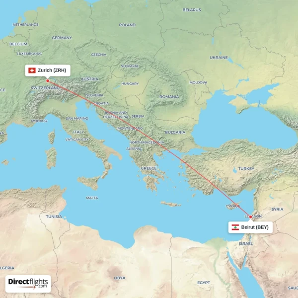 Beirut - Zurich direct flight map
