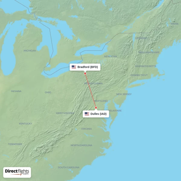 Bradford - Dulles direct flight map
