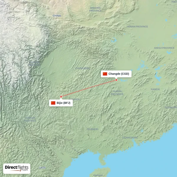 Bijie - Changde direct flight map