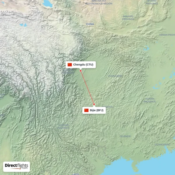 Bijie - Chengdu direct flight map