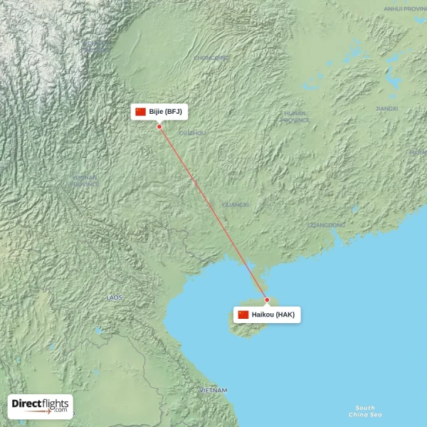 Bijie - Haikou direct flight map