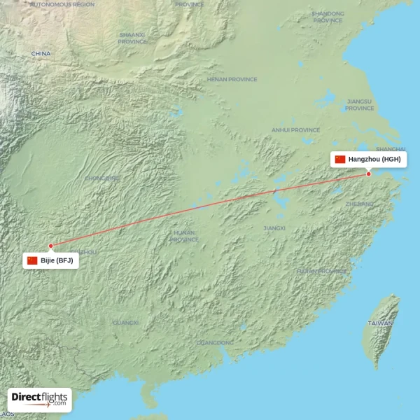 Bijie - Hangzhou direct flight map