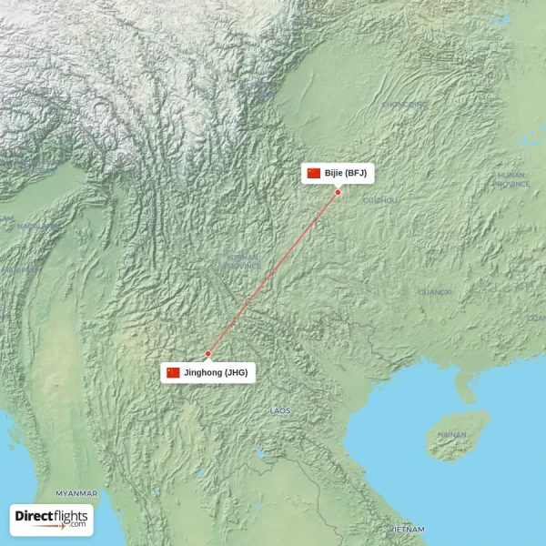 Bijie - Jinghong direct flight map
